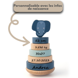 Tour à empiler animal éléphant personnalisée avec les infos de naissance