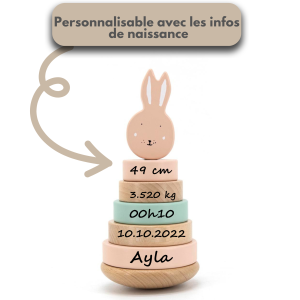 Tour à empiler lapin, rose, fille, personnalisation avec infos de naissance