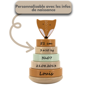 Tour à empiler renard personnalisable infos de naissance pour bébé et enfant