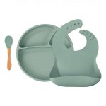 Set de repas personnalisable en silicone – Assiette, cuillère, bavoir – Couleur tilleul