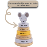 Tour à empiler souris, personnalisable avec infos de naissance, enfant et bébé
