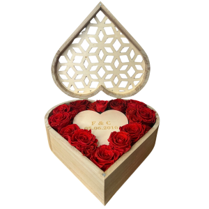 Grand format coeur personnalisé avec roses éternelles idéal pour une demande en mariage ou la saint Valentin
