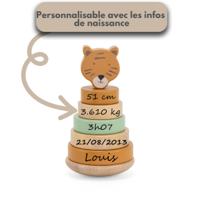 Tour à empiler personnalisée avec infos de naissance, tigre