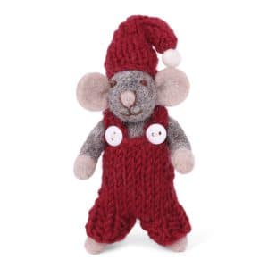 Souris Gry and Sif en laine feutrée de 10 cm avec salopette rouge et bonnet rouge