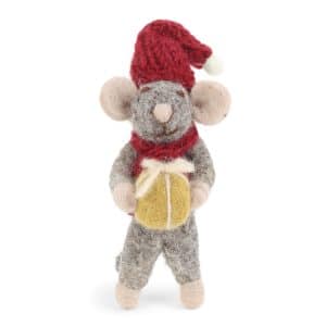 Souris Gry and Sif en laine feutrée avec bonnet rouge, écharpe rouge et cadeau doré