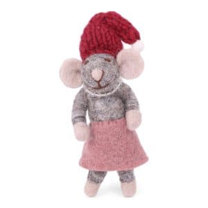 Souris Gry and Sif en laine feutrée avec jupe rose, bonnet rouge et collier de perles